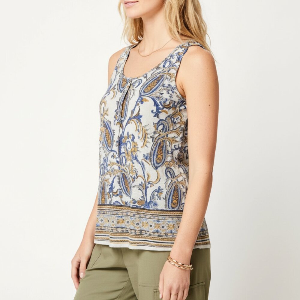 Rose & Olive Blue and Gold Paisley Button Back Tank Tank Top